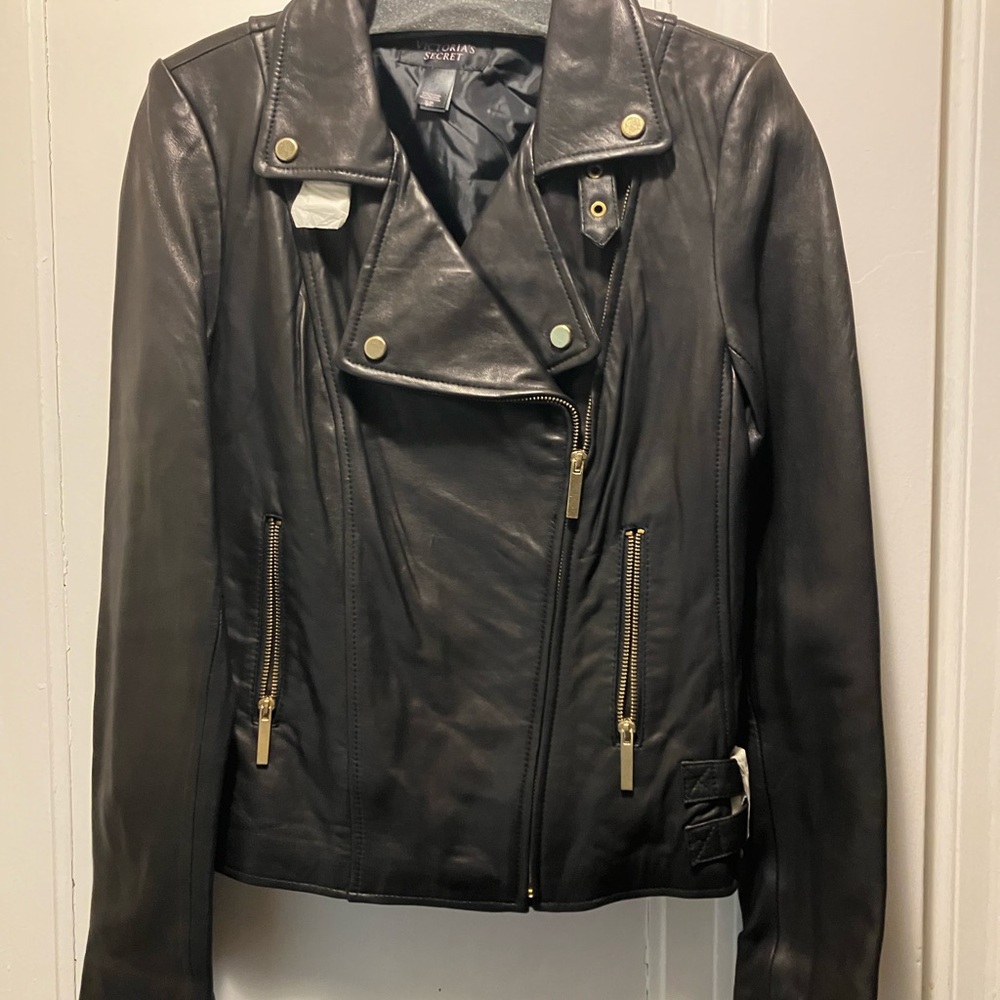 Victoria's Secret Black Leather Jacket with Gold Zippers